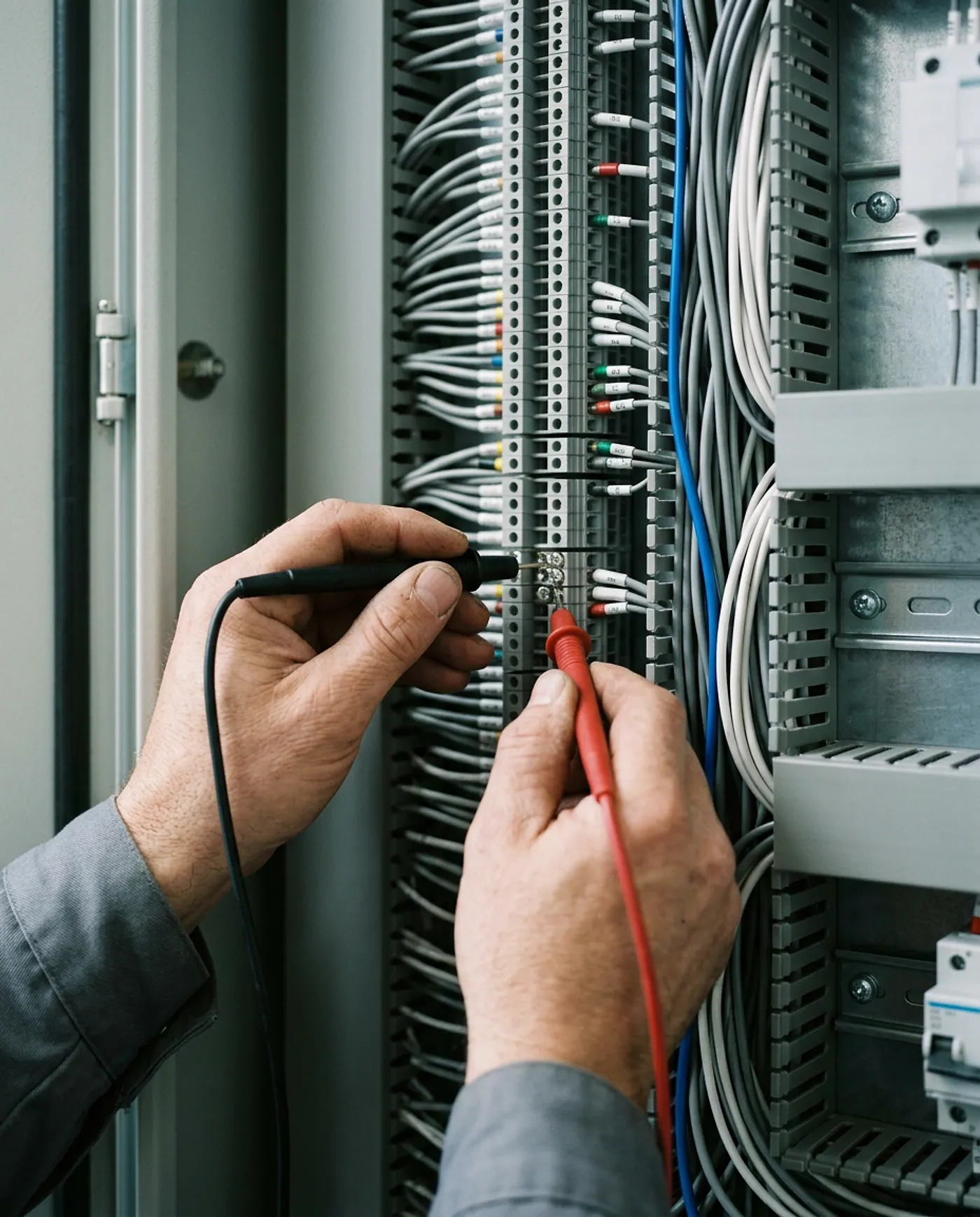 Mãos de um técnico medindo terminais dentro de um quadro de equipamentos
