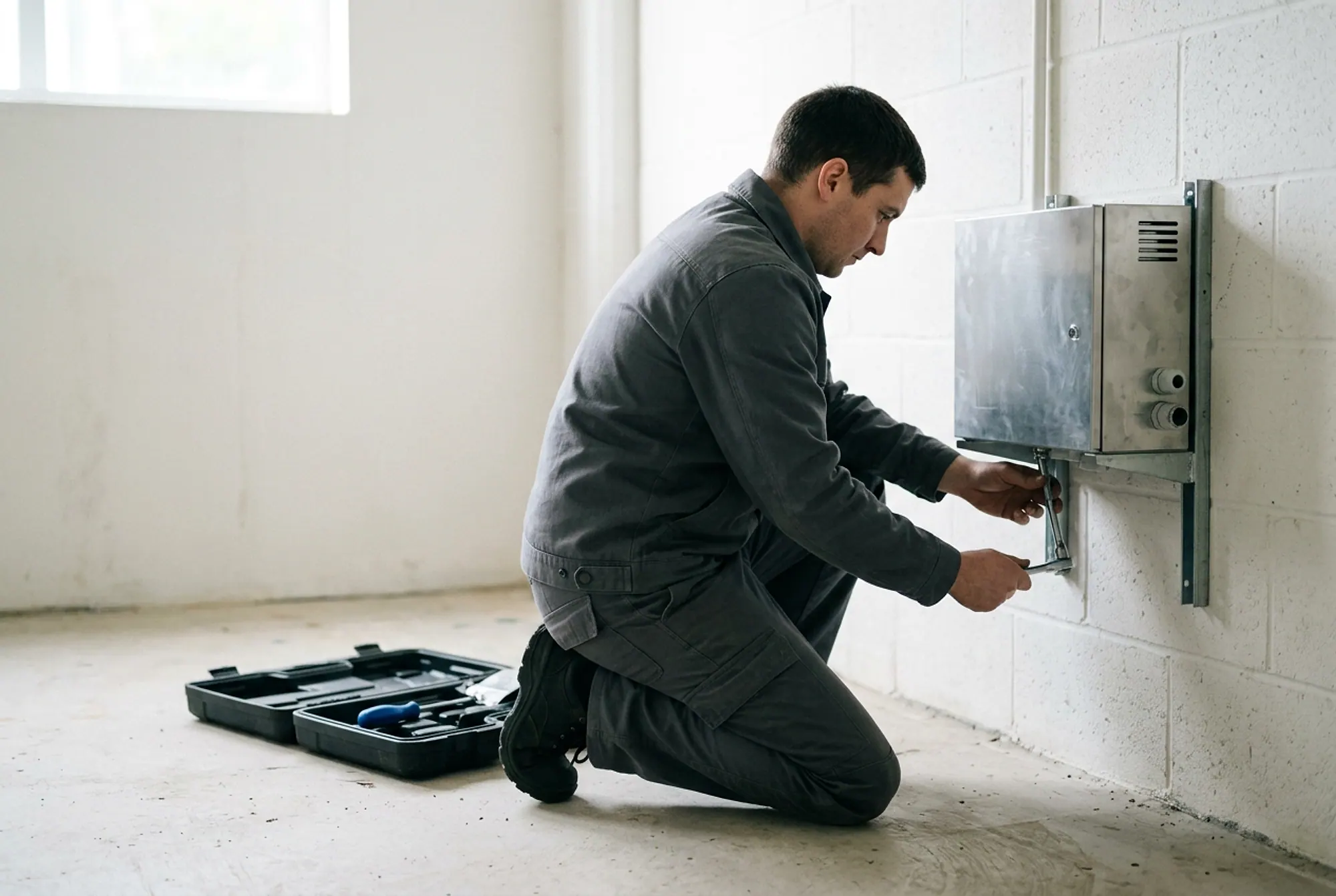 Técnico ajoelhado fixando o suporte de um equipamento na parede
